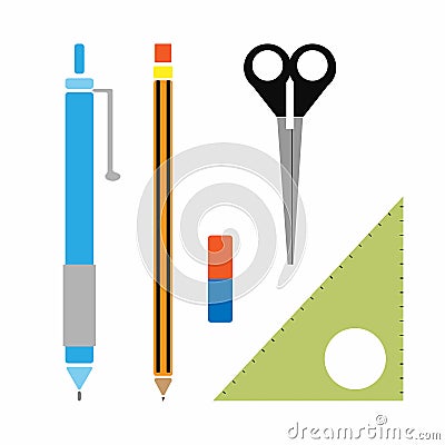 Set of pen, pencil, eraser, triangular ruler, scissors. Vector illustration. Vector Illustration