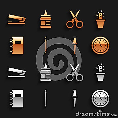 Set Pencil with eraser, Cactus and succulent in pot, Clock, Push pin, Spiral notebook, Scissors, Office stapler and Glue Vector Illustration