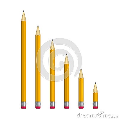 A set of pencils of different lengths vector illustration. Orange sharpened pencils with eraser Vector Illustration