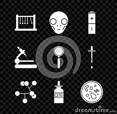 Set Pendulum, Extraterrestrial alien face, Battery, Molecule, Glass bottle with pipette, Bacteria, Microscope and Vector Illustration
