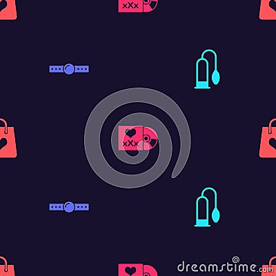 Set Penis pump, Silicone ball gag, Disc with inscription Sex and Shopping bag heart on seamless pattern. Vector Vector Illustration