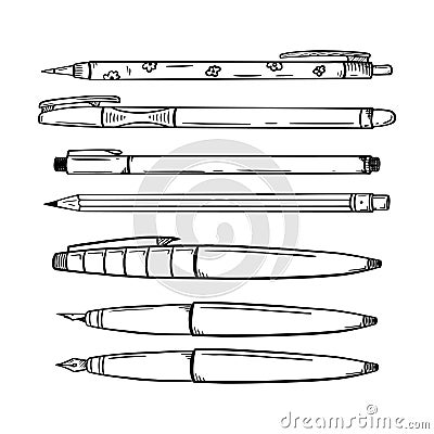 Set of pens, automatic and regular pencils, calligraphy pen. Stationery for writing and drawing. School supplies. Black and white Stock Photo