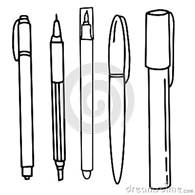 Set of pens on an isolated white background. Black hand draw outline. Back to school, office. Vector illustration Vector Illustration