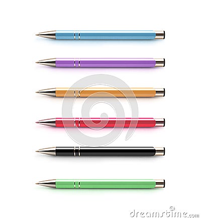 Set of pens isolated on a white background. Blue, purple, orange Stock Photo