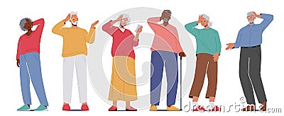 Set of Pensive Worried Old People. Senior Characters Thinking, Forgetful Elderly People with Alzheimer Disease Vector Illustration