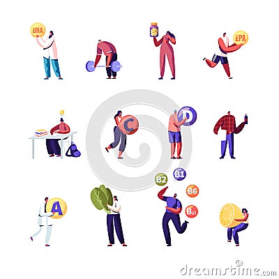 Set of People Applying Vitamins and Microelements. Male and Female Characters Study, Sports Exercising Vector Illustration