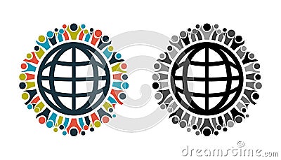 Set people Around Globe. Unity Symbol, teamwork concept. Vector Illustration