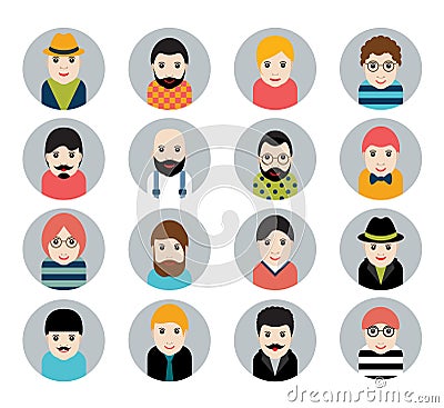 Set of people, avatar icons in flat stylized style. Man faces. Vector Illustration