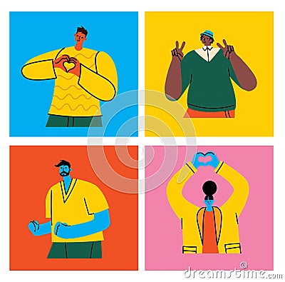 Set of people celebrating win or goal achievement. Happy team or group of friends with hands up. Concept of victory,love Vector Illustration