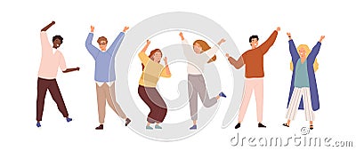 Set of people celebrating win or goal achievement. Happy team or group of friends with hands up isolated on white Vector Illustration