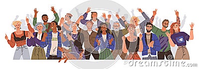 Set of people celebrating win or goal achievement. Happy team or group of friends with hands up Vector Illustration