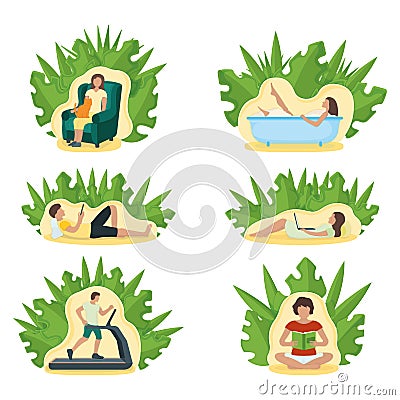 Set of people character stay home, relax house, leaf background isolated on white, flat vector illustration. Person male, female Vector Illustration