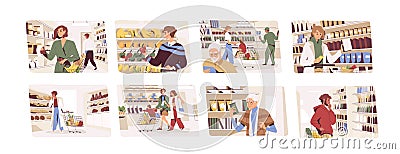 Set of people choosing food in grocery shop. Men and women buying products in supermarket. Characters standing near Vector Illustration