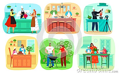 Set of people cooking food, collection of characters cook in kitchen, outdoors, with children and chef isolated vector Vector Illustration