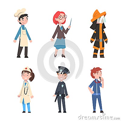 Set of people different professions. Chef, teacher, doctor, firefighter, policeman, coach cartoon vector illustration Vector Illustration