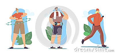 Set of People Doing Sport, Outdoor Training, Exercising, Sport Activity, Characters Sports Workout with Dumbbells, Run Vector Illustration