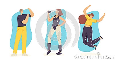 Set People Engage Sport. Happy Characters Wearing Sports Clothes and Sneakers Visiting Gym. Woman Holding Dumbbell Vector Illustration
