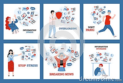 Set people experiencing information stress, cartoon vector illustration isolated. Vector Illustration
