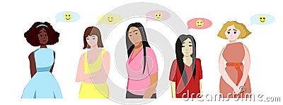 A set of people expressing different emotions. Smile, embarrassment, bewilderment, surprise, request. Flat cartoon Vector Illustration