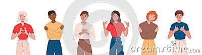 Set of people expressing positive emotions, smiling , making hand gestures and hugging themselves. Concept of self love and self- Vector Illustration