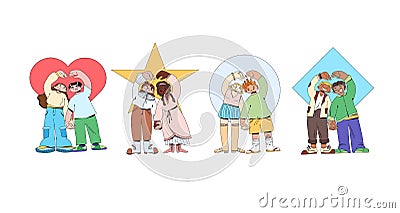 Set of people folding their hands in the shape of a heart, friends and couples. Diversity doodle. Vector Illustration