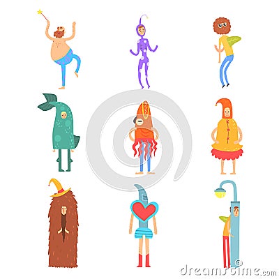 Set of people in funny costumes, man characters dressed in different costumes for childrens party vector Illustrations Vector Illustration