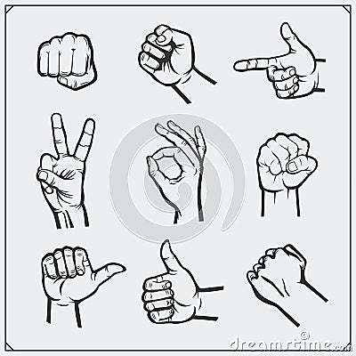 Set of people hands. Different gestures. Vector Illustration