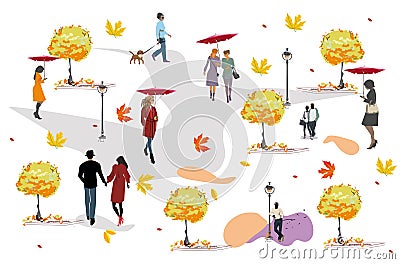 Set of people having rest in the park in autumn. Vector Illustration