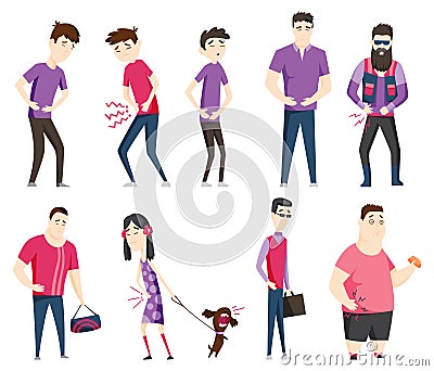 Set of people having stomachache symptoms of appendicitis with large, small intestine and appendix. Young man and woman Vector Illustration