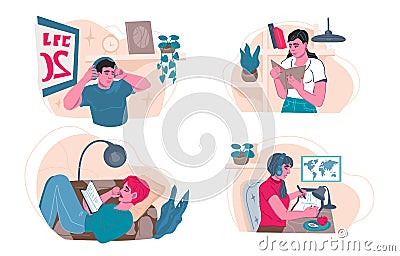Set of people home daily life and everyday routine scenes Cartoon Illustration