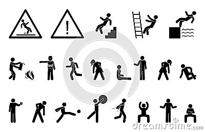 Set people icon, action pictogram black, stick figure human silhouettes. Vector Illustration