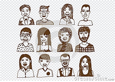Set of people icons faces. women, men character Vector Illustration