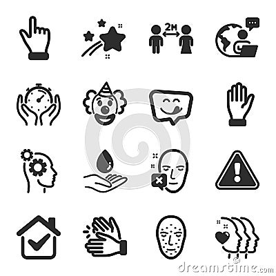 Set of People icons, such as Social distancing, Yummy smile, Face declined symbols. Vector Vector Illustration