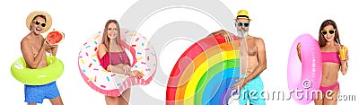 Set of people with inflatable rings on white Stock Photo