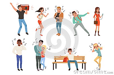 Set with people listening music. Young guys and girls with headphones, smartphones, record player. Flat vector design Vector Illustration