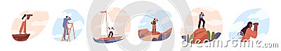 Set of people look into future vector flat illustration. Collection of man and woman stand on stairs, top of mountain Vector Illustration