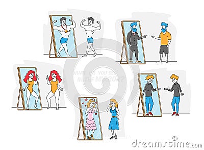 Set of People Looking at Mirror Reflection. Self-assessment and Personal Appearance Concept Vector Illustration