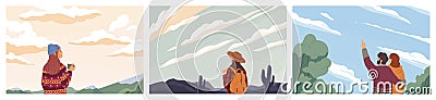 Set of people looking at sky colored vector illustration. Concept of opportunity observation, inspiration and romantic Vector Illustration