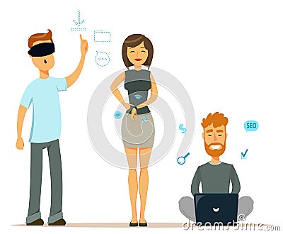 Set of people with modern gadgets. Man in virtual reality glasses. Cheerful woman with smart watch. Man sitting on the floor Vector Illustration