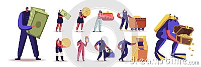 Set of People with Money. Male and Female Characters Mining Gold, Searching Treasure, Shopping or Withdraw Cash from Atm Vector Illustration
