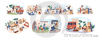 Set of people moving or leaving their homes and offices. Family couples pack belongings and relocating to new apartments Vector Illustration