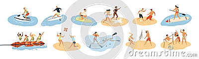 Set of people performing summer sports and leisure outdoor activities at beach, in sea or ocean - playing games, diving Vector Illustration