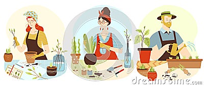 Set of people planting home garden flat vector illustration isolated on white. Vector Illustration