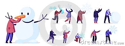 Set of People Playing with Snow. Tiny Male and Female Characters Making Snowman, Holding Huge Snowflakes, Winter Fun Stock Photo