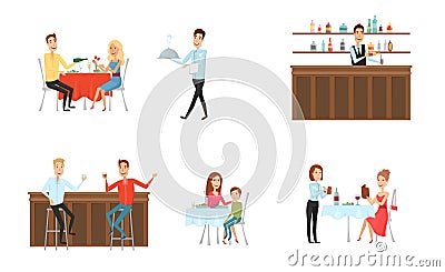 Set of people in restaurant and at the bar. Flat and cartoon style. Different background. Vector illustration. Vector Illustration