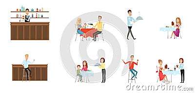 Set of people in restaurant and at the bar. Flat and cartoon style. Different background. Vector illustration. Vector Illustration