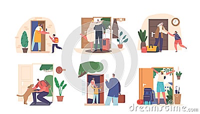 Set People Returning Home. Mother Meet Little School Boy, Owner and Dog, Pilot with Luggage, Grandmother and Grandchild Vector Illustration