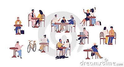 Set of people sitting at table in street cafe vector flat illustration. Collection of cartoon couple, family, child, man Vector Illustration