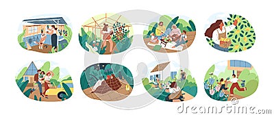 Set of people spending time at summer cottage or dacha vector flat illustration. Collection of man, woman, children and Vector Illustration