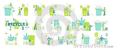 Set of People Throw Garbage to Recycle Litter Bins, Batteries E-Waste. Environmental Protection, Sort or Recycle Rubbish Vector Illustration